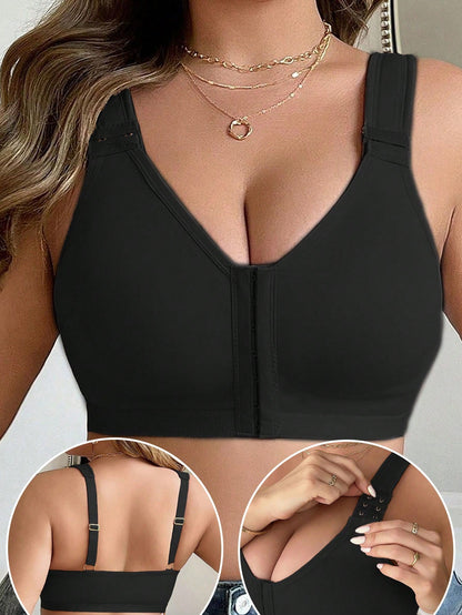 Front-Clasp Plus-Size Wireless Unlined Bra with Pure Color and Delicate Details Black