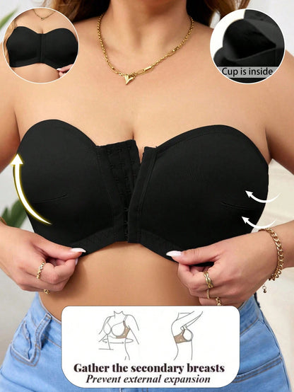 Plus Size Comfortable Non-slip Solid Color Strapless Front Buckle Invisible Bra