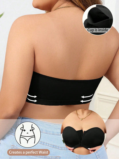 Plus Size Comfortable Non-slip Solid Color Strapless Front Buckle Invisible Bra