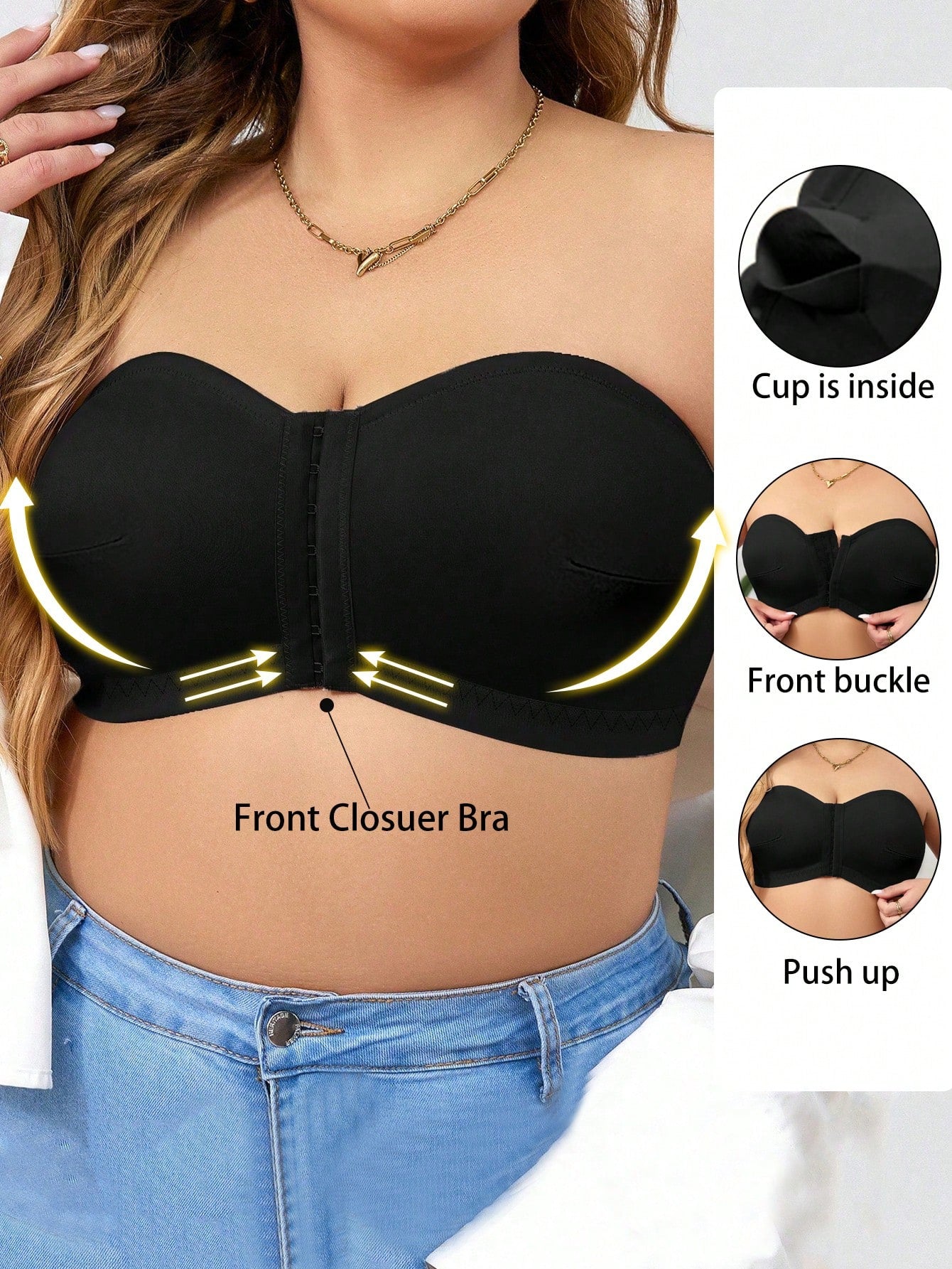 Plus Size Comfortable Non-slip Solid Color Strapless Front Buckle Invisible Bra