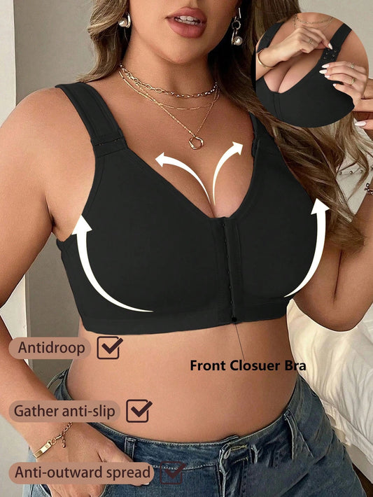 Front-Clasp Plus-Size Wireless Unlined Bra with Pure Color and Delicate Details Black