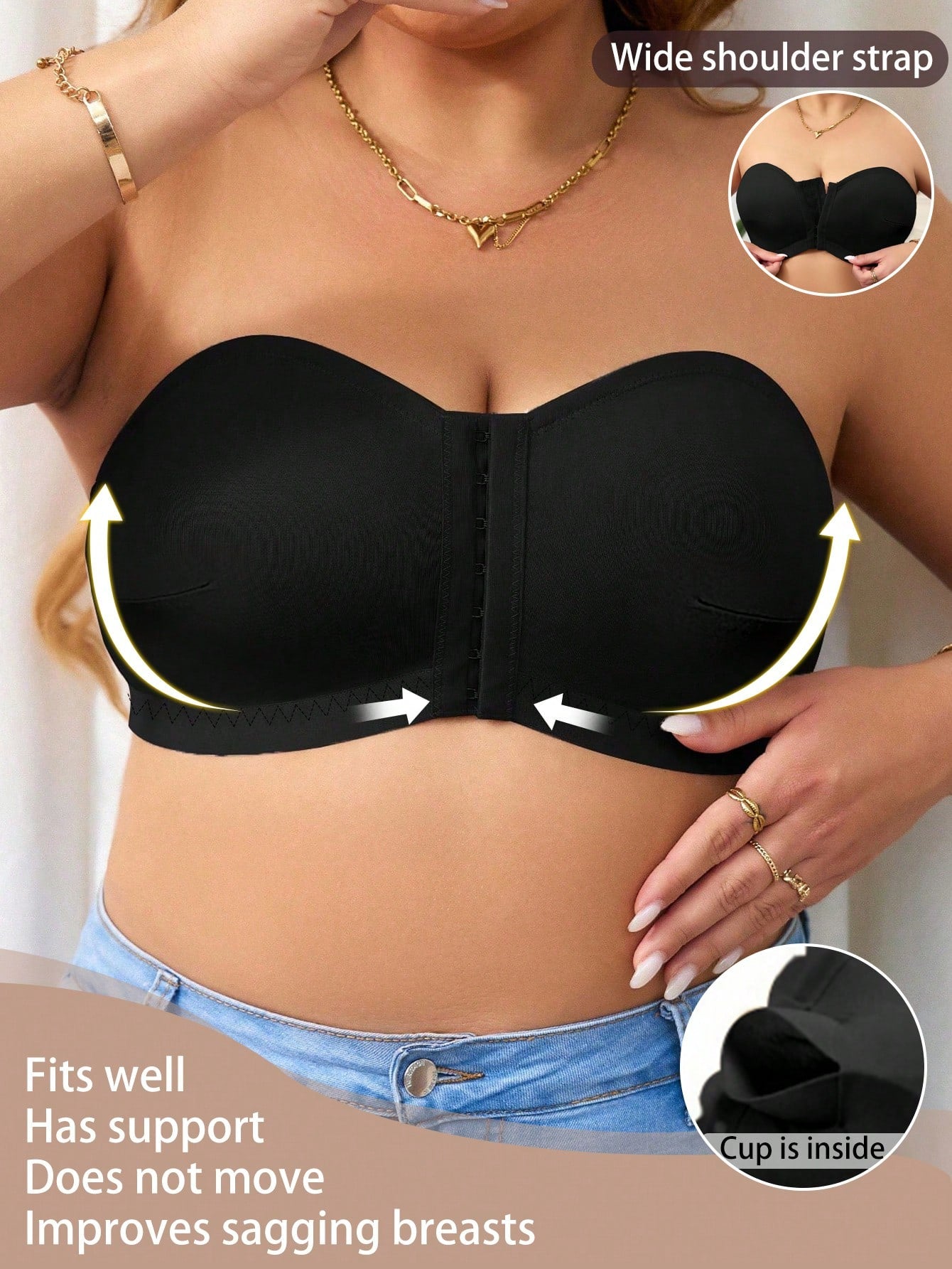 Plus Size Comfortable Non-slip Solid Color Strapless Front Buckle Invisible Bra