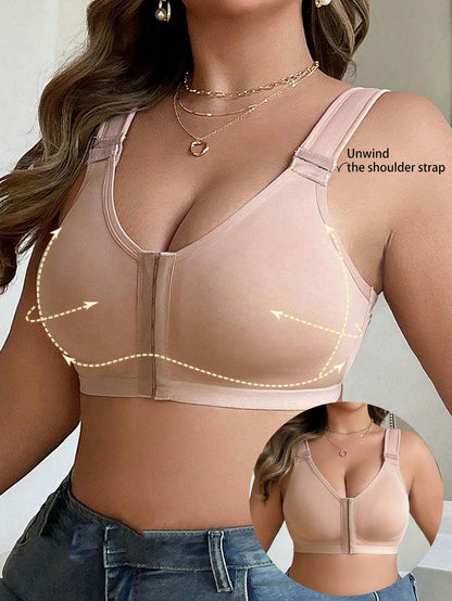Front-Clasp Plus-Size Wireless Unlined Bra with Pure Color and Delicate Details