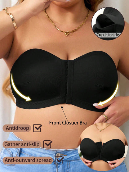 Plus Size Comfortable Non-slip Solid Color Strapless Front Buckle Invisible Bra