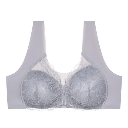 Plus Size Front Close Push Up Lace Wireless Bra LightGray