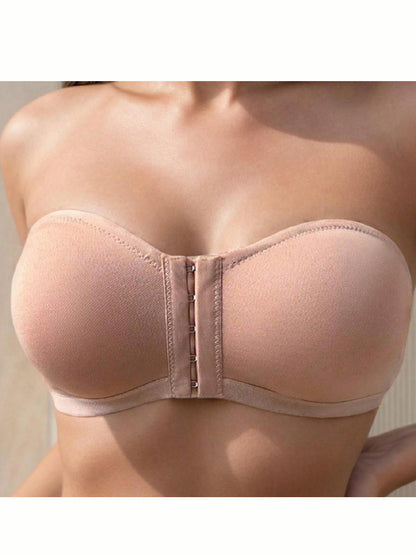 Women's Simple Front Button Multi-Ribbed Wireless Comfortable Non-Reducing Bra LightCoral