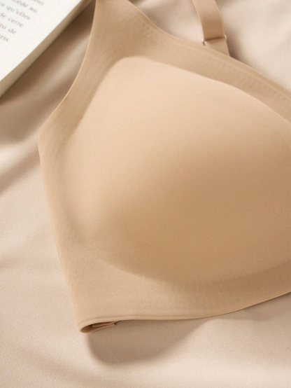 Comfortable Adjustable Straps Deep V Front Button Solid Color Wireless Bra Tan