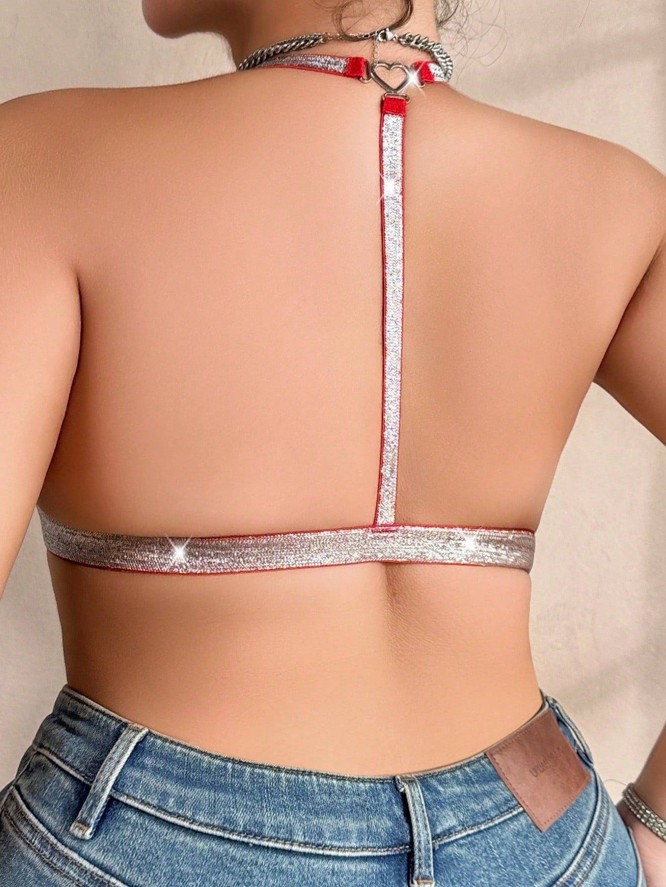 Plus Size Thin Sexy Hanging Neck Silver Silk Super Lace Back Bra Black