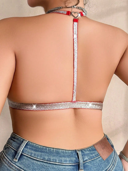 Plus Size Thin Sexy Hanging Neck Silver Silk Super Lace Back Bra Black