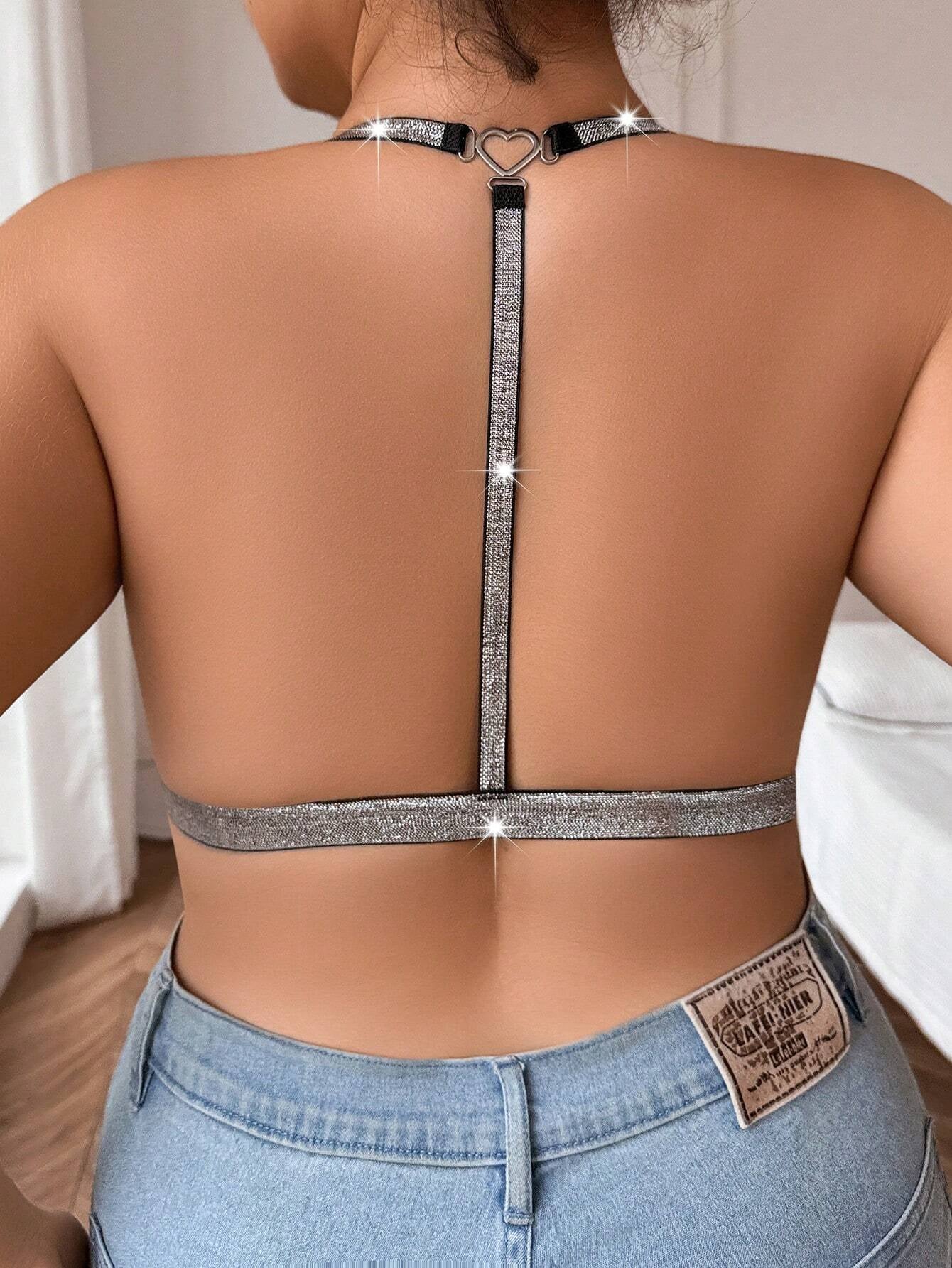 Plus Size Thin Sexy Hanging Neck Silver Silk Super Lace Back Bra Black