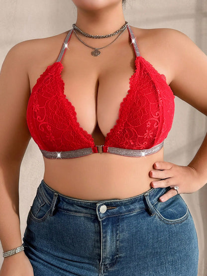Plus Size Thin Sexy Hanging Neck Silver Silk Super Lace Back Bra Red