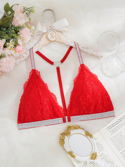 Plus Size Thin Sexy Hanging Neck Silver Silk Super Lace Back Bra Red