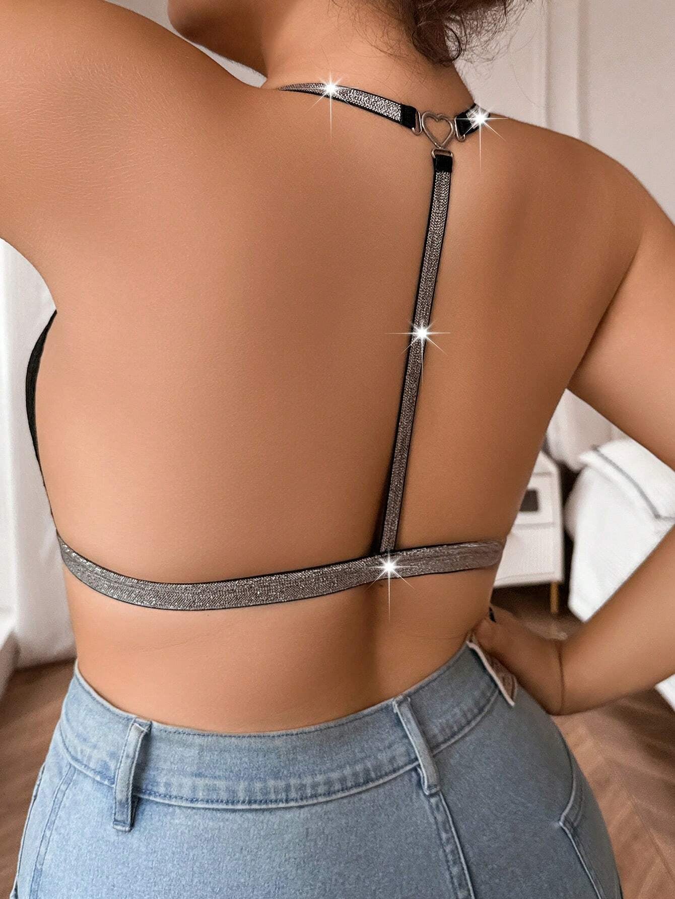 Plus Size Thin Sexy Hanging Neck Silver Silk Super Lace Back Bra Black