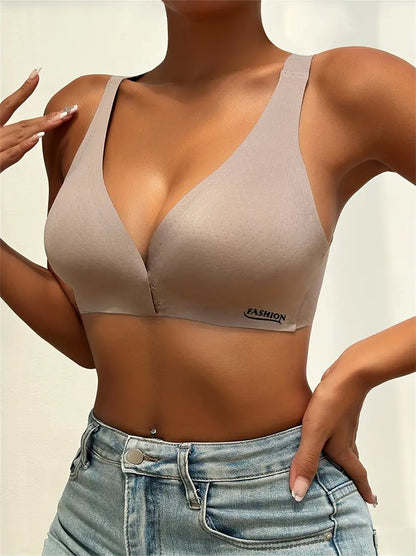 Deep V Minimizer Front Closure Push-up Wireless Bra Gray