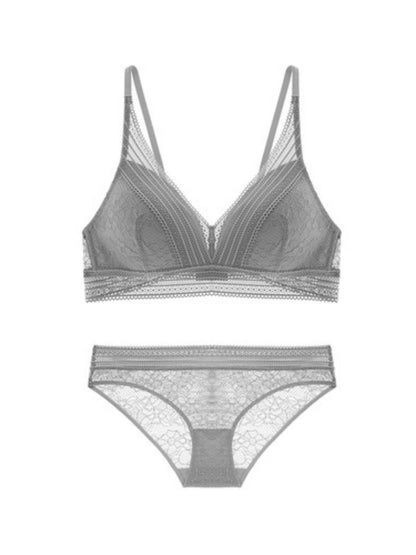 Semi-sheer Lace Scoop Bras, Comfort Wireless Everyday Bra Set Grey